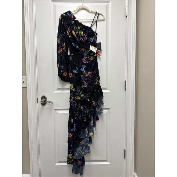 Mac Duggal Size 2 Black 55668 Floral One Shoulder Cut Out Cocktail Gown Dress - Picture 5 of 12